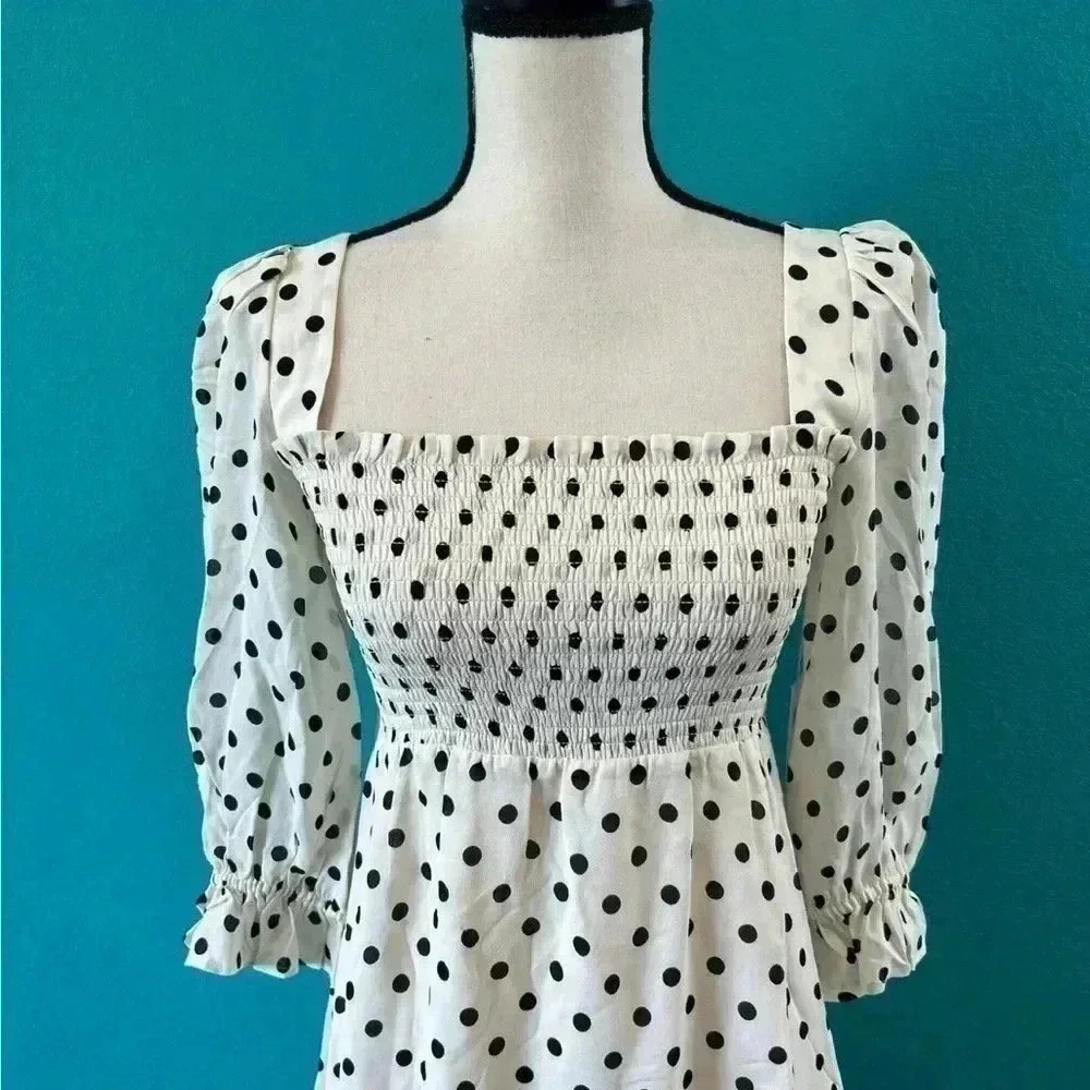 New with tags Reformation Zaria Smocked Bodice Polka Dot Mini Dress - Picture 2 of 9